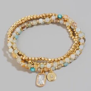 Rectangle Gem and Disc Charm Beaded Bracelet Set